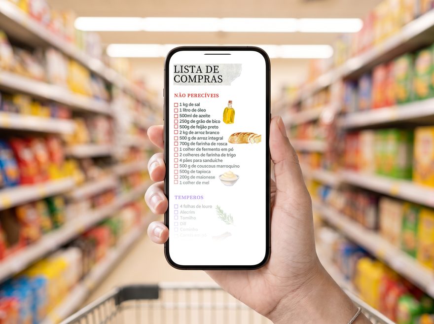 A lista de compras aberta no celular, no corredor do supermercado