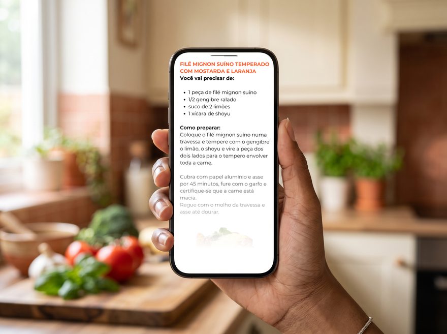 A receita de file mignon suino com mostarda e laranja aberta no celular, na cozinha