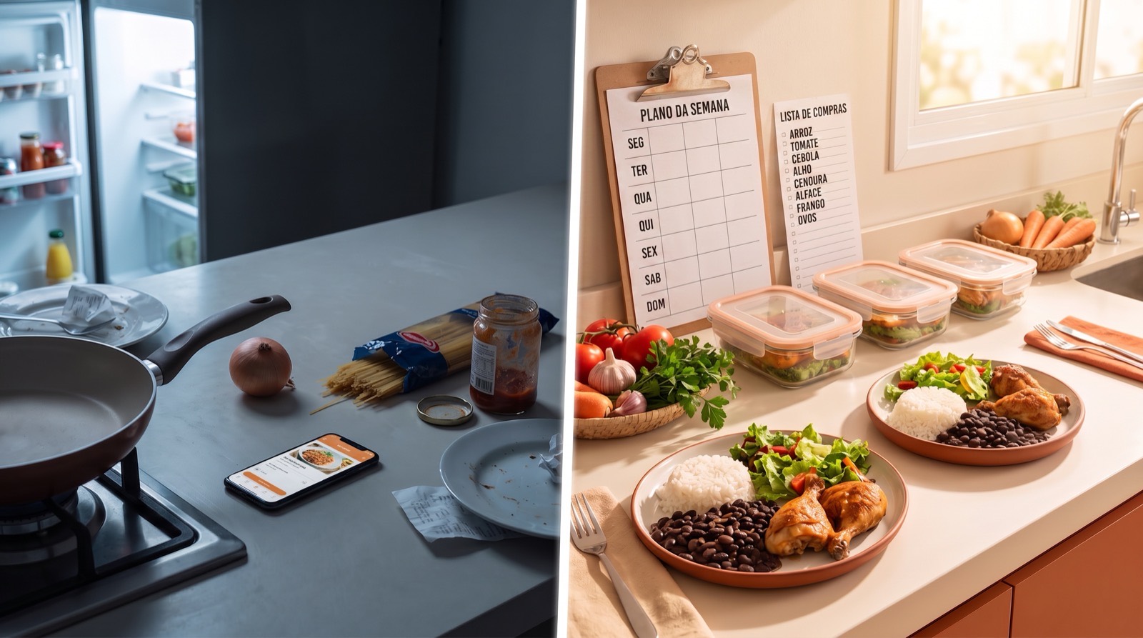 A mesma cozinha em dois momentos: à esquerda, o improviso do fim do dia com a panela vazia e o delivery no celular; à direita, a semana planejada com cardápio, lista de compras e comida caseira pronta